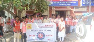 The *NSS unit* of Achariya Arts and Science College has participated the traffic and crowd management on *31.12.2024* at Bharathi park,( near GH).